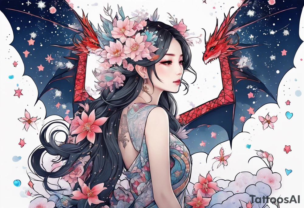 Constellation, wing , snow , cross , dragon female japan kawaii , flower tattoo idea
