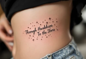 Etched in rose gold ink, the quote “Through Hardships To the Stars” hugs the curve of the ribs beneath a delicate starburst cluster. tattoo idea