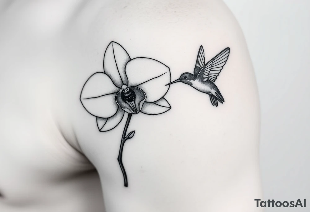 A delicate, black and white fine-line tattoo for male, featuring gracefully detailed 2 orchids in full bloom including their stems, with soft, intricate petals and elegant curves. Beside it, a hummingbird hovers mid-flight, its wings drawn with subtle motion lines, its slender beak reaching toward the orchid’s center to drink its nectar. on the other flower there is a bee that is resting tattoo idea
