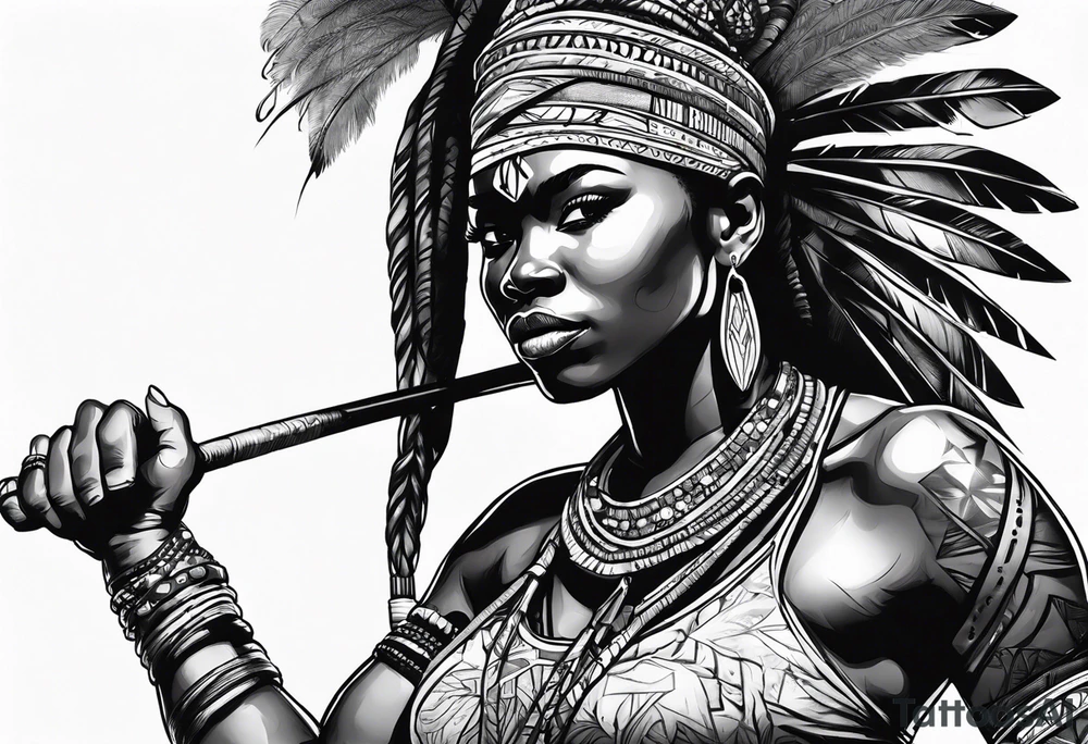 African woman warrior handing a spear tattoo idea