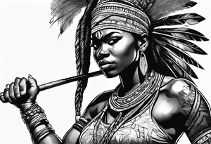 African woman warrior handing a spear tattoo idea