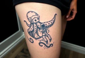 Deep sea kraken octopus, grabbing a astronaut with a space theme background tattoo idea