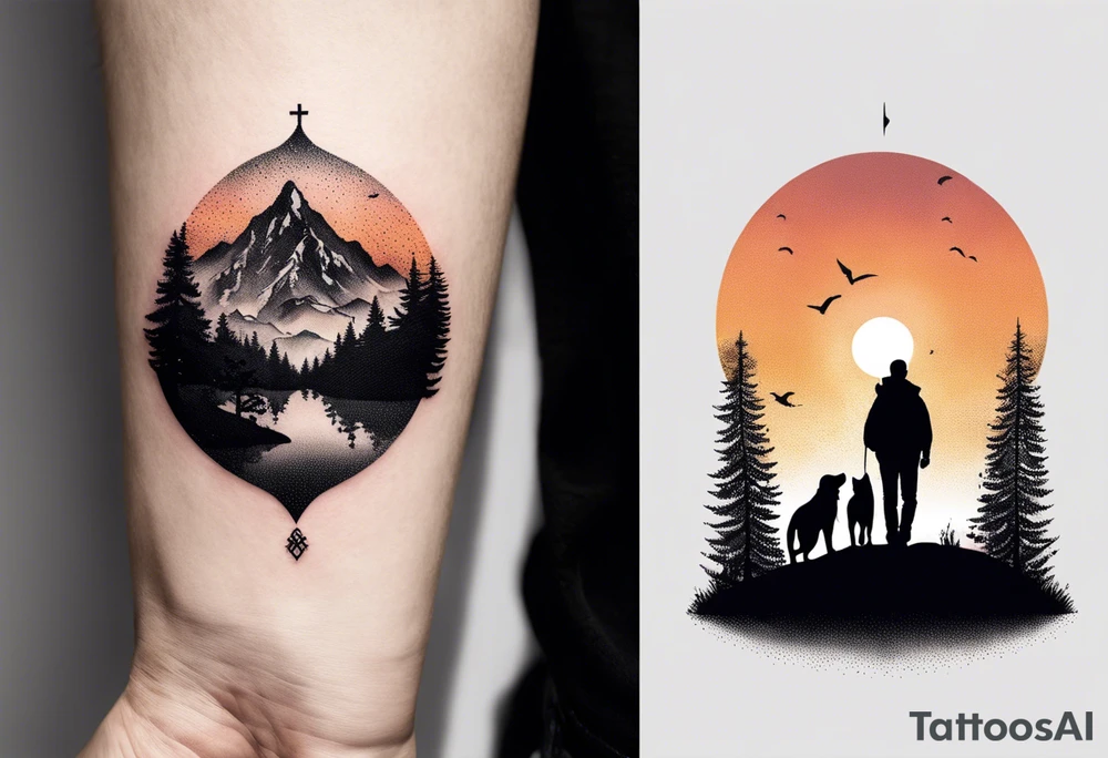 nature, sunset, mountains, a father and son hiking with their dog and cat and a cross tattoo idea