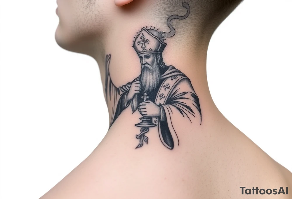 A Russian Orthodox Priest in full gold vestments swinging a censer with smoke curling upward 

The ornate robes give incredible fine line detail
The incense smoke could flow and connect to other elements
It ties directly into the church and Virgin Mary you already have
Very culturally authentic to the overall theme tattoo idea