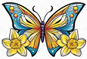 Butterfly, star and daffodils, aster flower tattoo idea