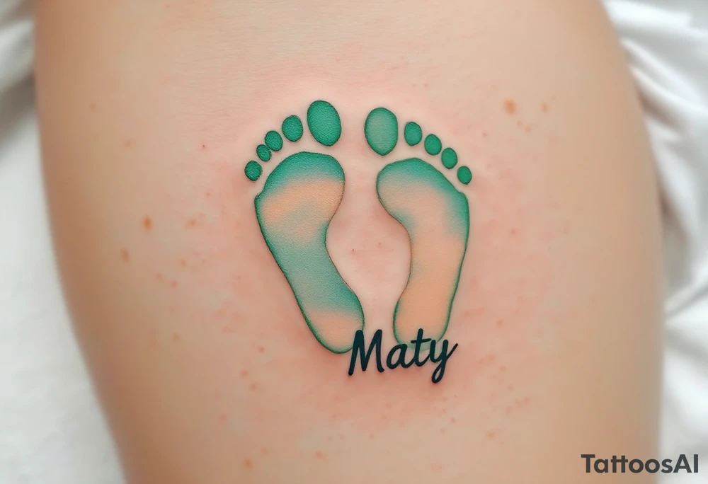 Warm, sandy beige and light green footprints of Maty name under it , with a heart-shaped outline to symbolize his love-filled steps in life. tattoo idea