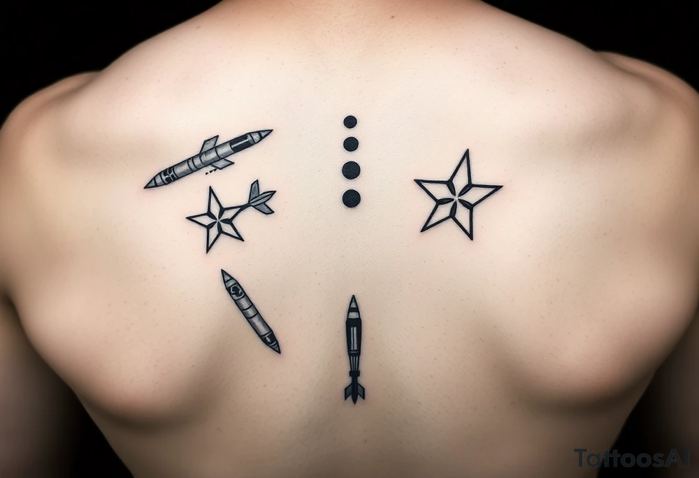 ninja stars and ballistic missiles, semicolon integrated into the design, fine line black tattoo idea