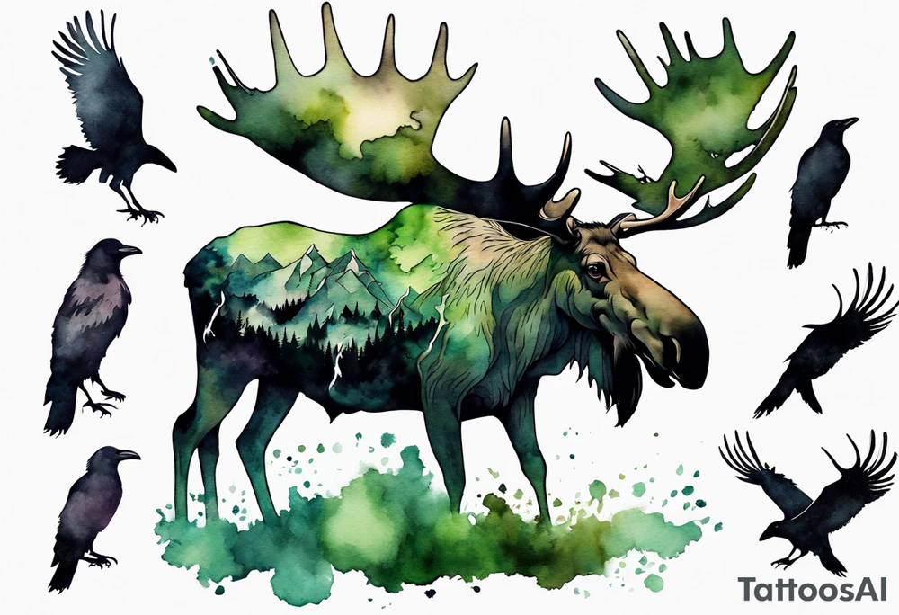 a giant moose covered in moss surrounded by ghostly ravens tattoo idea