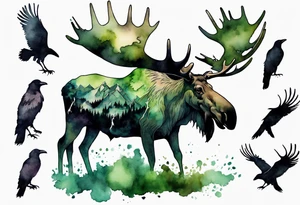 a giant moose covered in moss surrounded by ghostly ravens tattoo idea