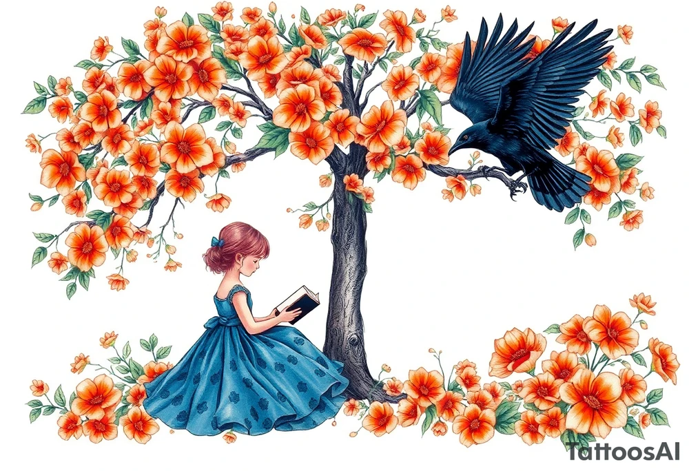 An orange tree full of flowers, a little girl wearing a blue dress sitting under it while reading. A raven watching her.


. tattoo idea