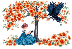 An orange tree full of flowers, a little girl wearing a blue dress sitting under it while reading. A raven watching her.


. tattoo idea