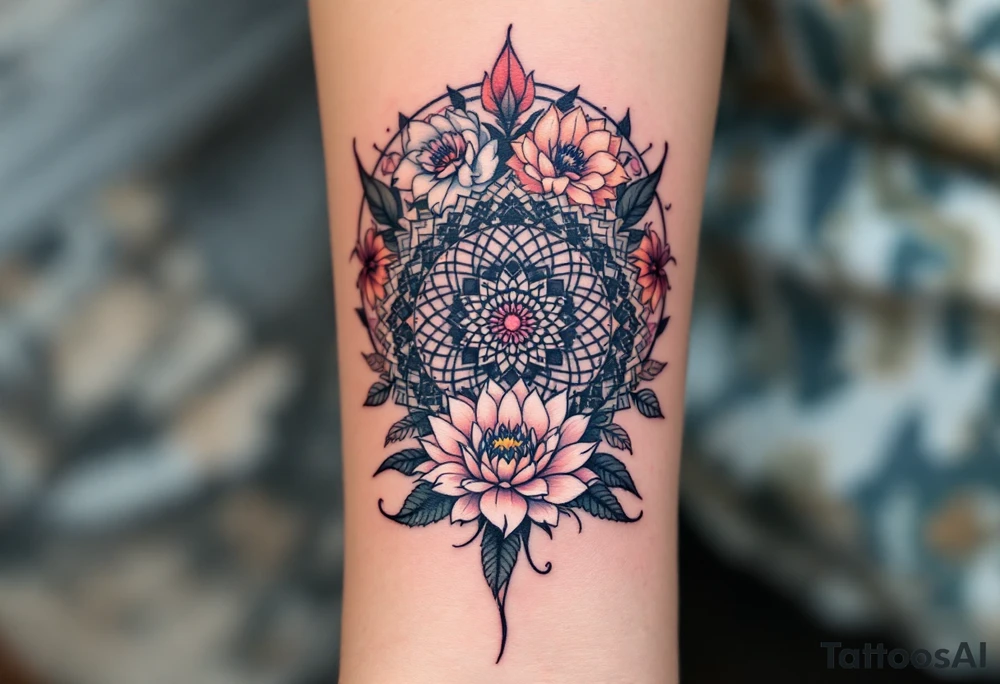 A delicate, intricate mandala placed in a circle surrounded by soft, flowing flowers, symbolizing harmony, balance, and femininity. tattoo idea