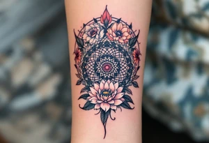 A delicate, intricate mandala placed in a circle surrounded by soft, flowing flowers, symbolizing harmony, balance, and femininity. tattoo idea