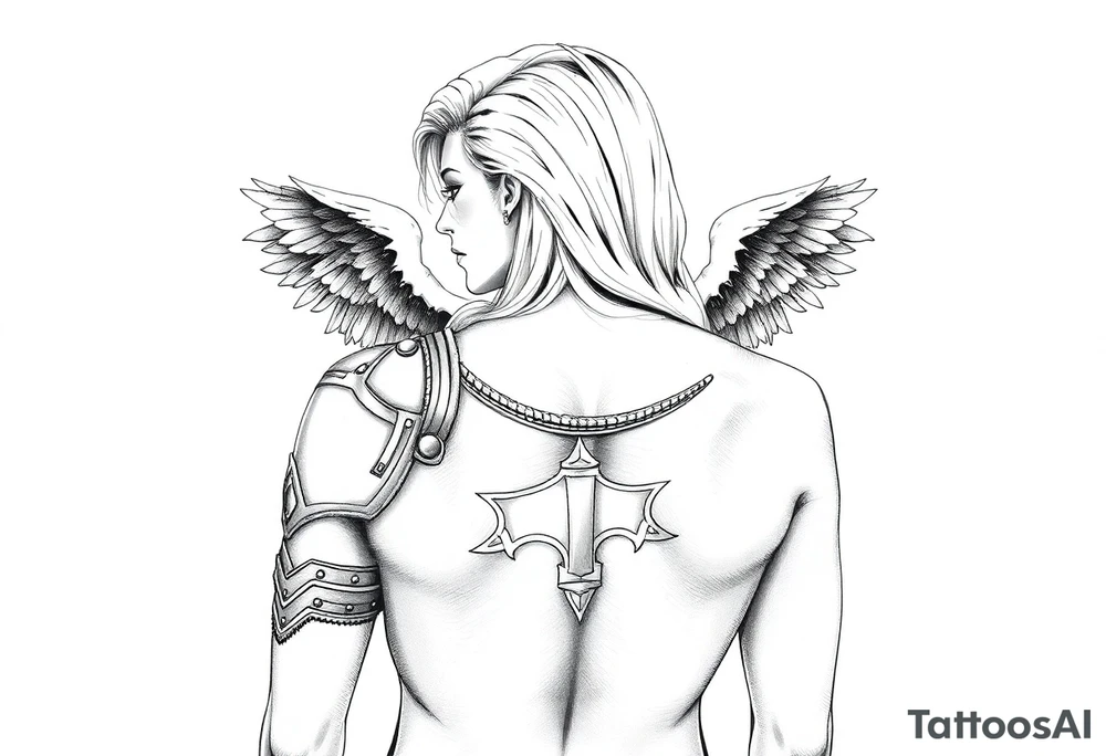 femme blonde cheveux long ondulé, en armure de chevalier tenant épée à la mais et de grandes ailes d'anges déployées tattoo idea