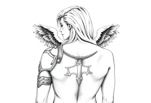 femme blonde cheveux long ondulé, en armure de chevalier tenant épée à la mais et de grandes ailes d'anges déployées tattoo idea