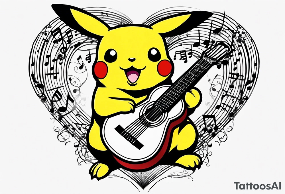 Pickachu squeezing a heart made from a trouble clef and music notes tattoo idea