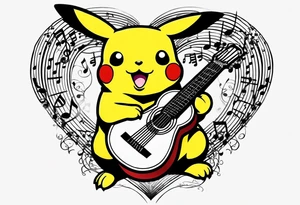 Pickachu squeezing a heart made from a trouble clef and music notes tattoo idea