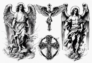 Heiliger St.Michael mit Kreuz in der Hand und ober ihm zwei weisse Tauben tattoo idea