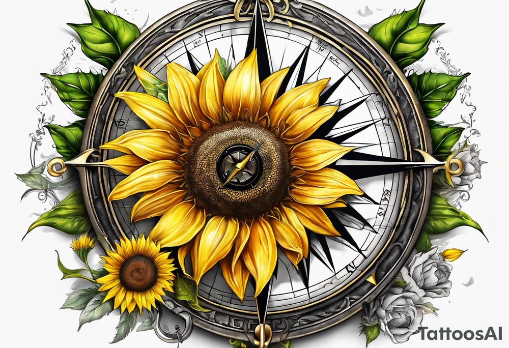 Sunflower and a compass, with the words "To Thine Own Self Be True" tattoo idea