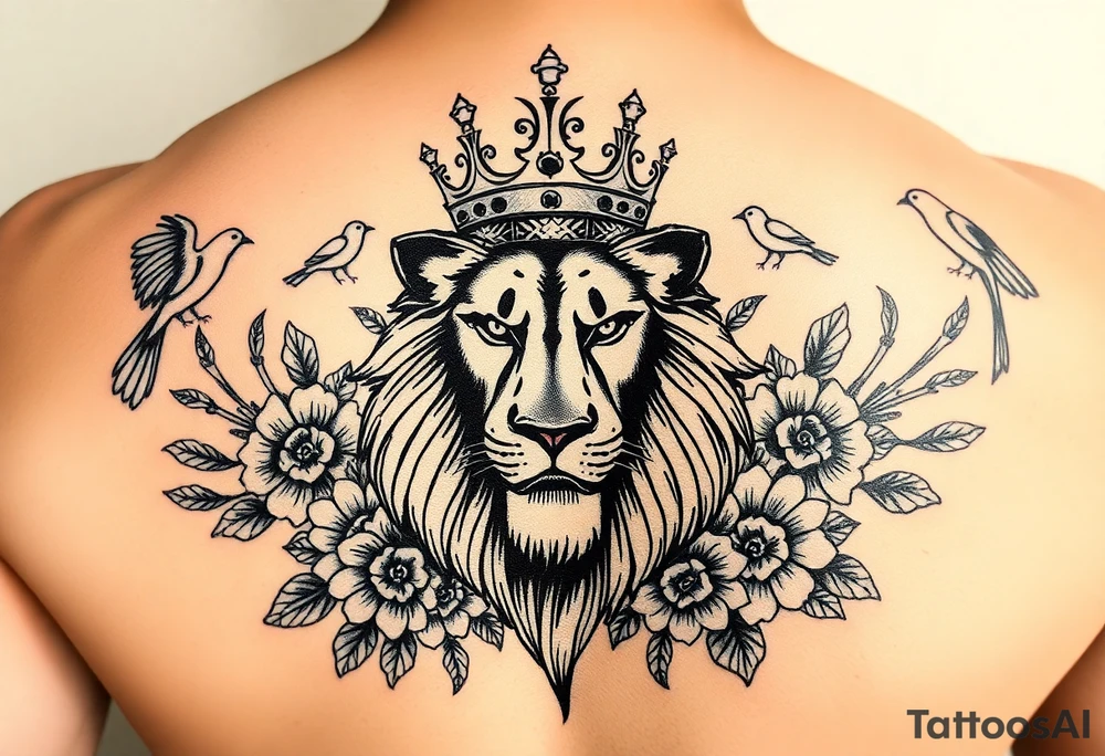 powerful majestic lion with a crown, surrounded by floral ornaments and birds tattoo idea