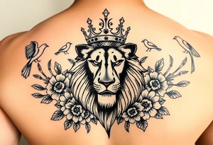 powerful majestic lion with a crown, surrounded by floral ornaments and birds tattoo idea