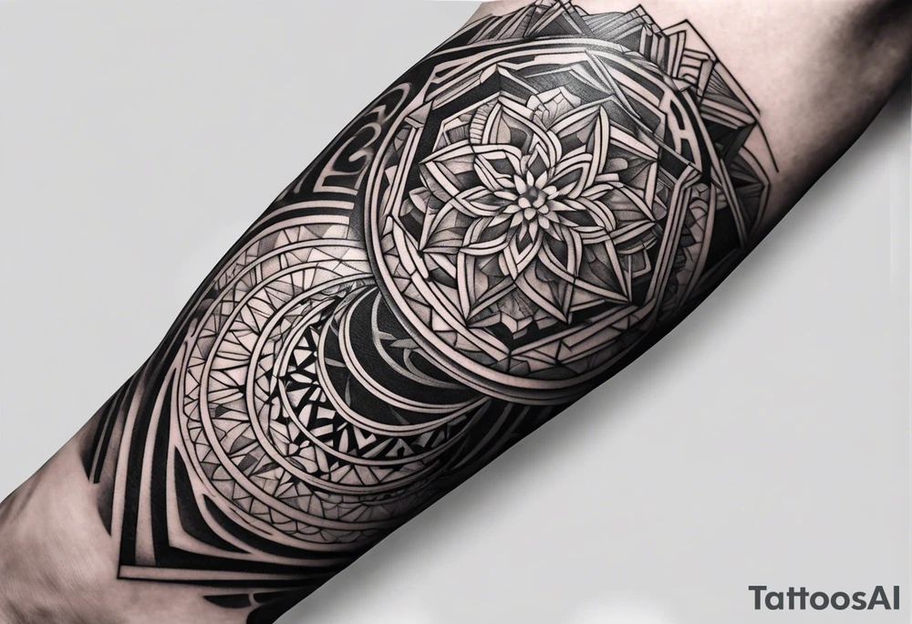 Black and white geometric sleeve  from wrist to elbow tattoo idea