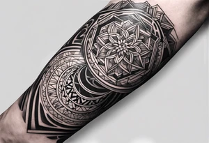 Black and white geometric sleeve  from wrist to elbow tattoo idea