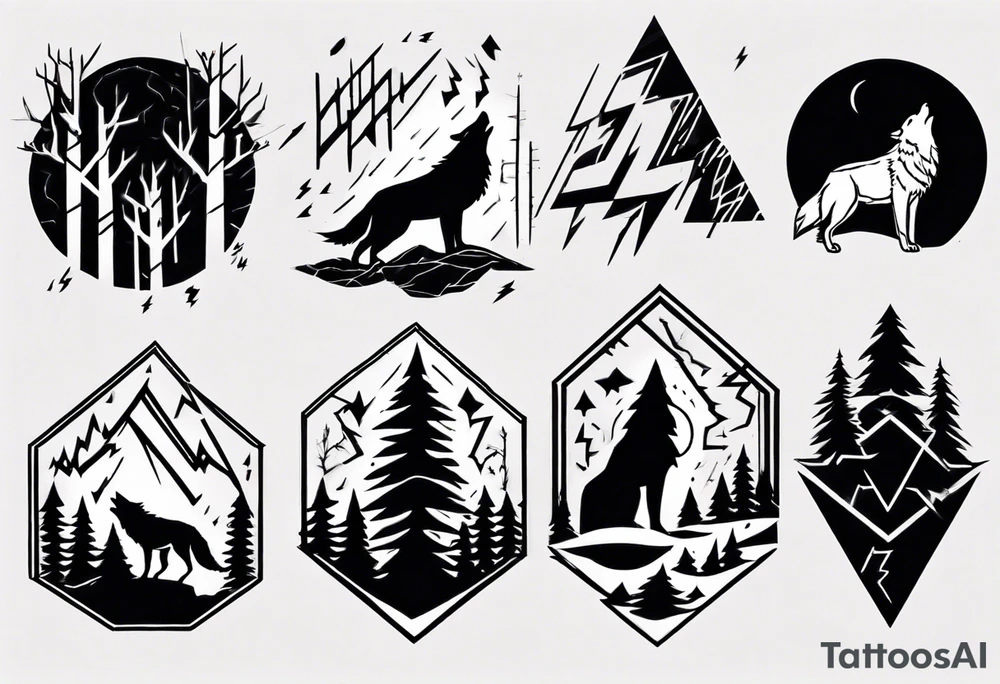 lightning over forest with wolf howling tattoo idea