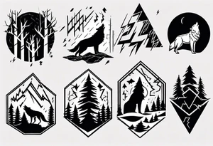 lightning over forest with wolf howling tattoo idea