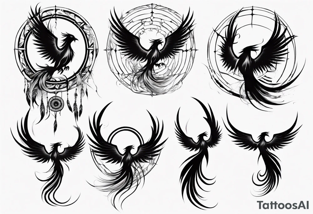Vertical angry flying Phoenix with wings blending into circles and a long abstract dream catcher feather tail tattoo idea