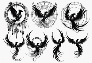 Vertical angry flying Phoenix with wings blending into circles and a long abstract dream catcher feather tail tattoo idea