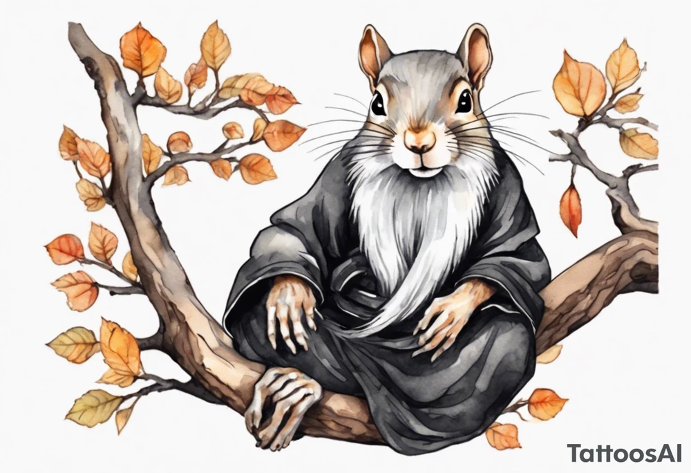 an elderly grey squirrel with a long beard wearing a black robe, meditating on a tree branch tattoo idea