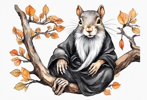 an elderly grey squirrel with a long beard wearing a black robe, meditating on a tree branch tattoo idea