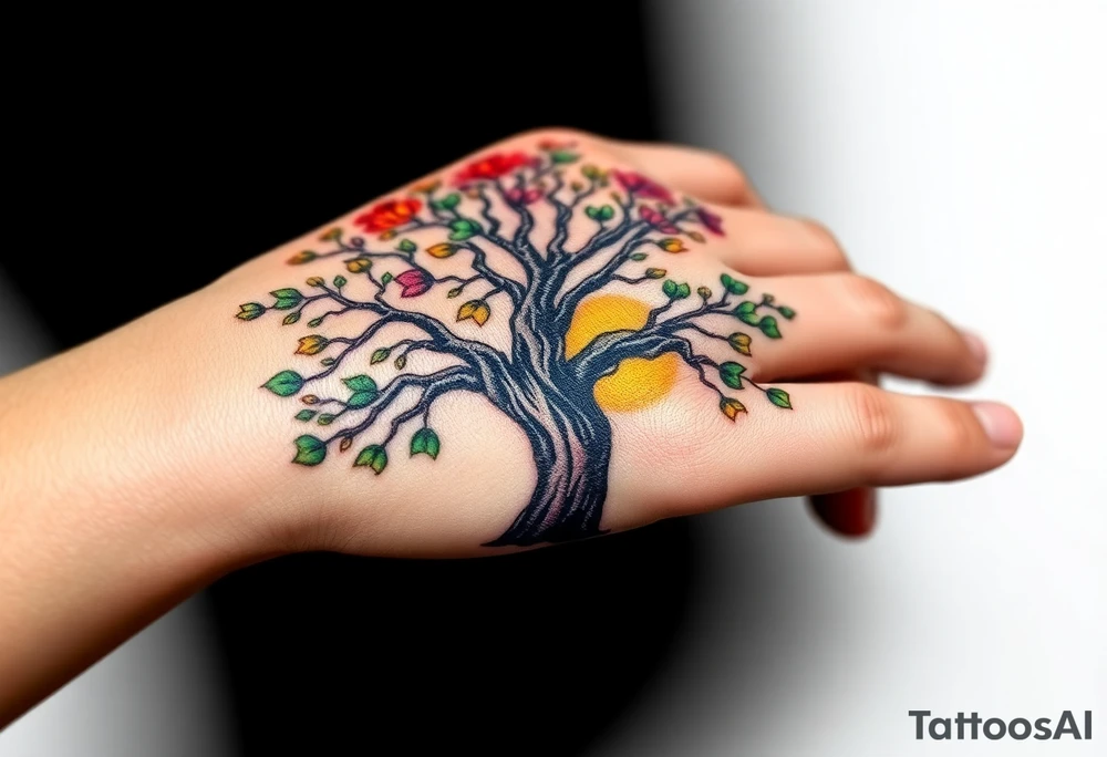 Vibrant tree of life Jamaican and Irish colours tattoo idea