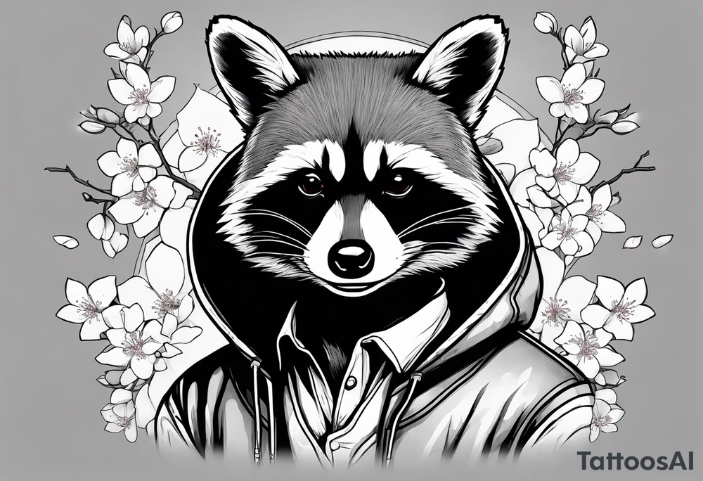 Raccoon wearing a Superman hoodie and Japanese cherry blossoms tattoo idea