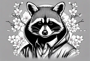 Raccoon wearing a Superman hoodie and Japanese cherry blossoms tattoo idea
