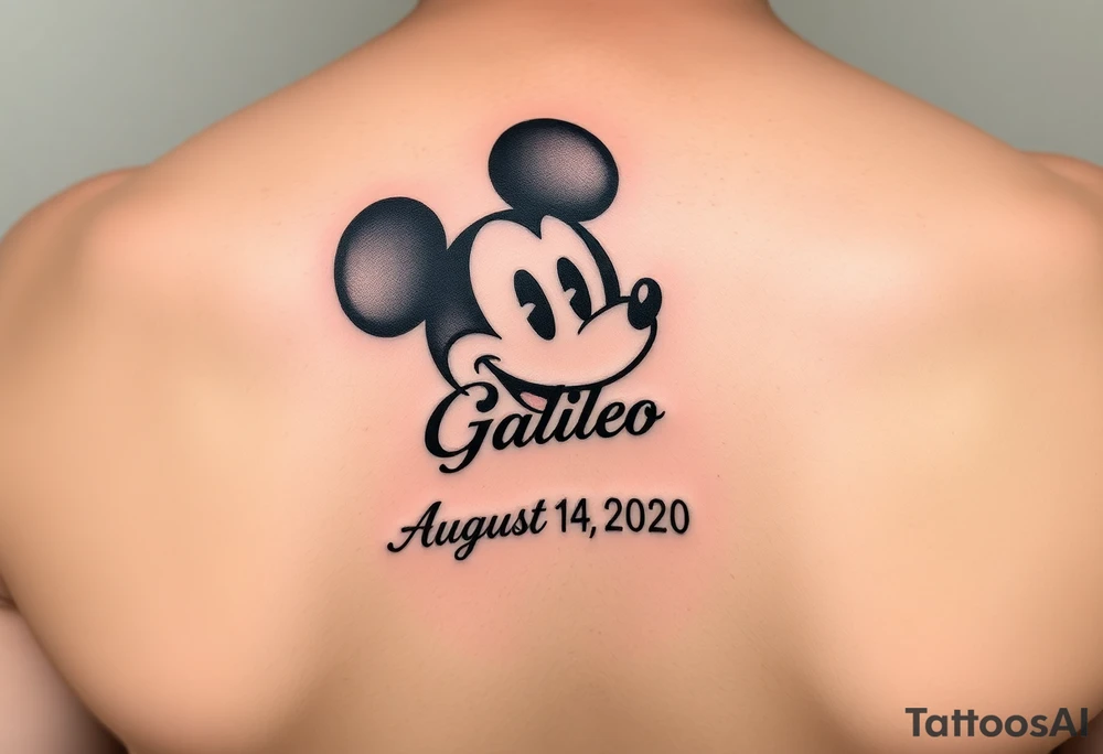 mickey mouse symbol with the name Galileo and the date August 14,2020, incorporated tattoo idea