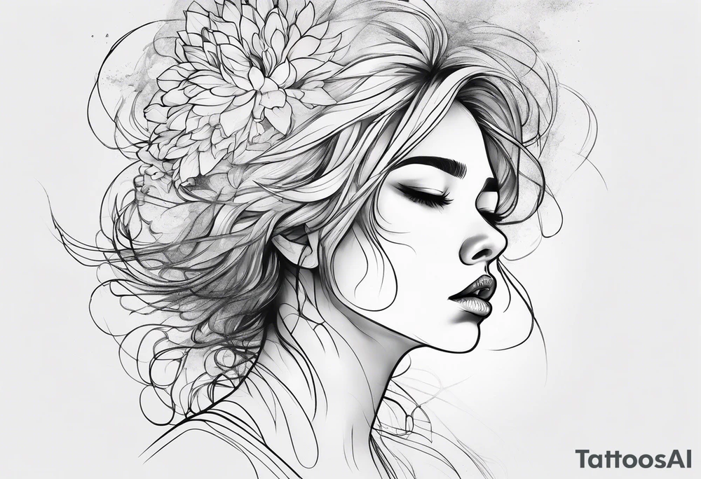 One line tattoo A distraught girl frazzled hair on her knees kind of disintegrating into dirt, screaming  (screams are visualized by lines) that turn into flowers tattoo idea