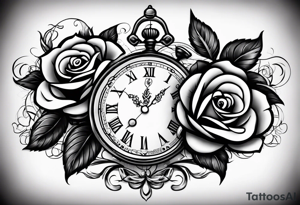 Clock with roses on shoulder/bicep going into roses with the word amor on forearm full sleeve tattoo idea