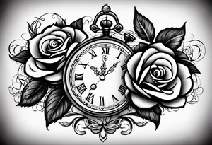 Clock with roses on shoulder/bicep going into roses with the word amor on forearm full sleeve tattoo idea