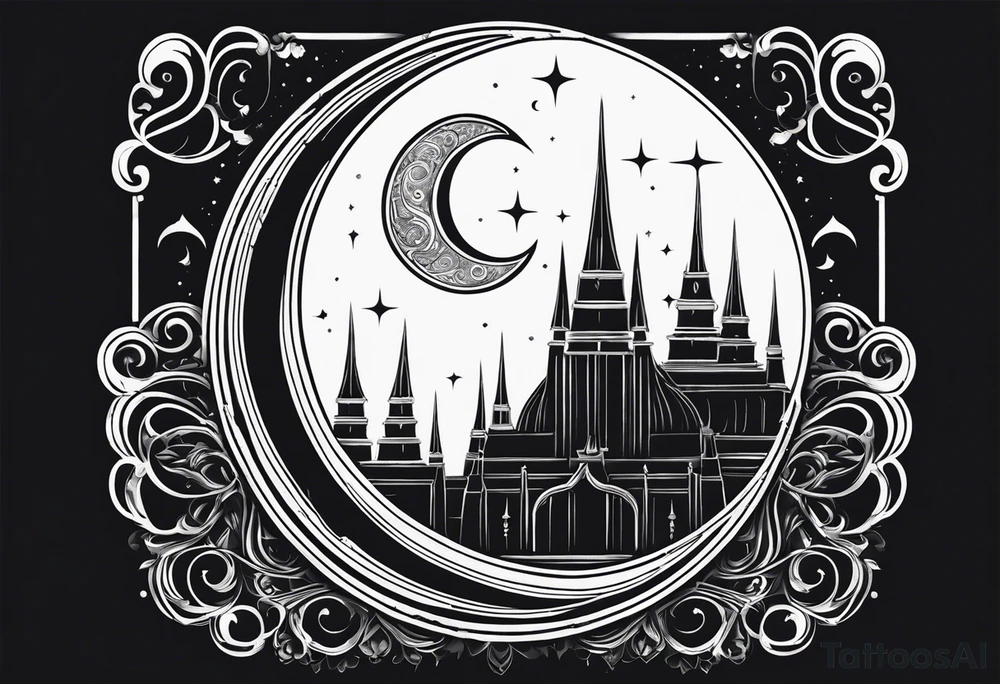 Trishul Overlay on Crescent Moon: A crescent moon with a small trident overlaid or intersecting through it. This design would have the trident positioned vertically through the moon or slightly off-center tattoo idea