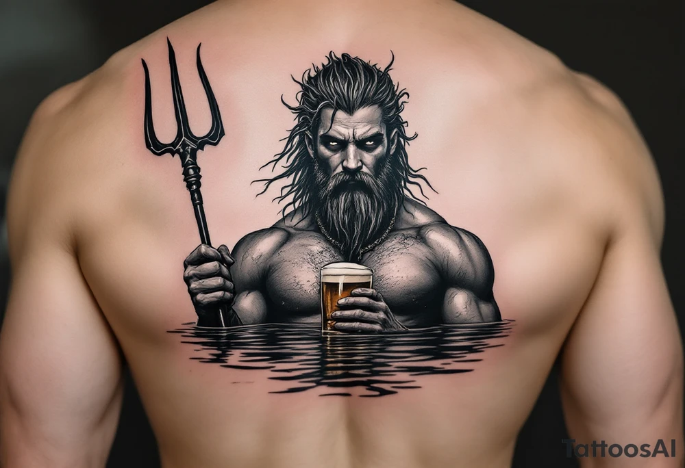 young, fit poseidon in calm water, behind a trident, holding a beer, looking at you tattoo idea
