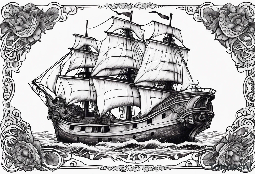 Purple and green squid  breaking brown ship tattoo idea
