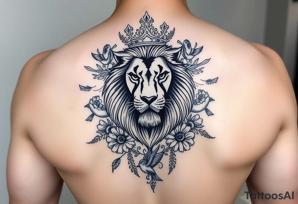 powerful majestic lion with a crown, surrounded by floral ornaments and birds tattoo idea