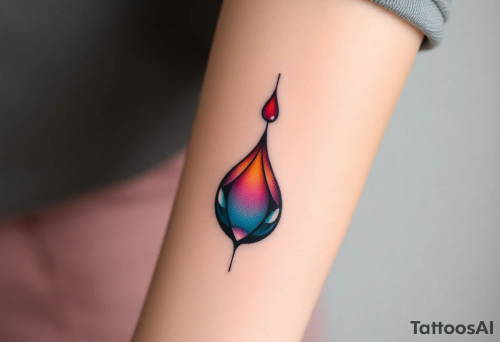 Teary eyea with a dripping large tear drop with a rainbow gradient, from rich red at the top to violet at the bottom tattoo idea