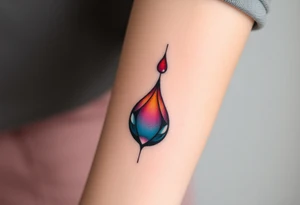 Teary eyea with a dripping large tear drop with a rainbow gradient, from rich red at the top to violet at the bottom tattoo idea