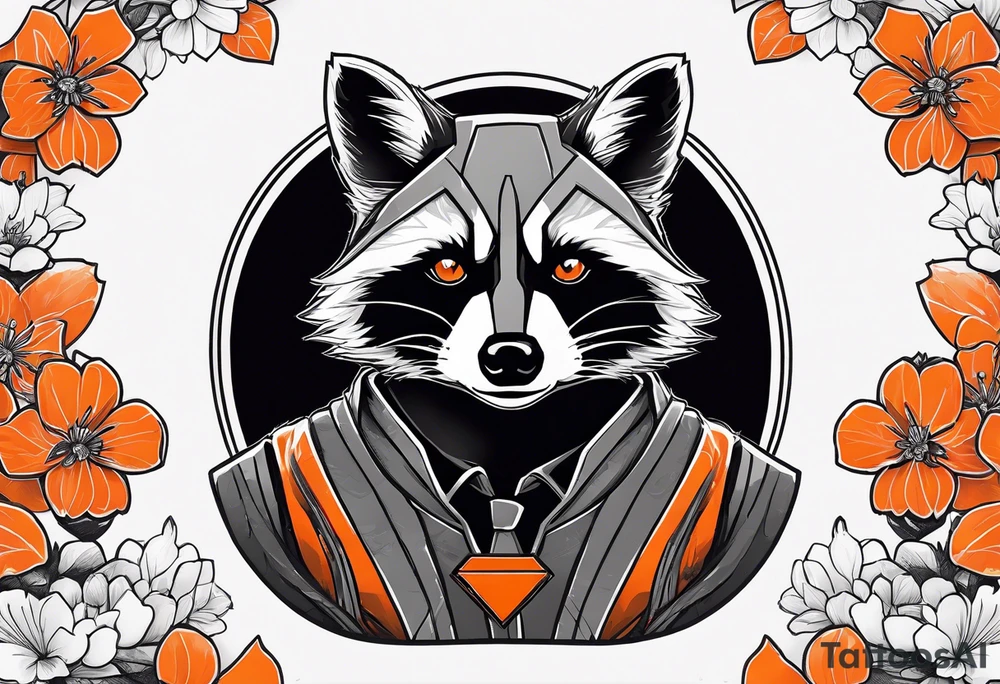 Raccoon wearing a white Superman logo on a black hoodie and orange Japanese cherry blossoms tattoo idea