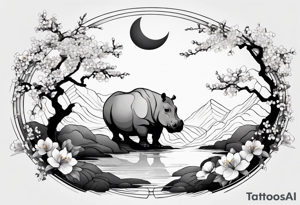 Asymmetrical, geometric, chinese ink art touch, hippo , full moon, wintersweet flower, light , modify from my favourite, s-shape tattoo idea