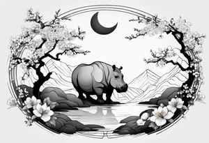 Asymmetrical, geometric, chinese ink art touch, hippo , full moon, wintersweet flower, light , modify from my favourite, s-shape tattoo idea