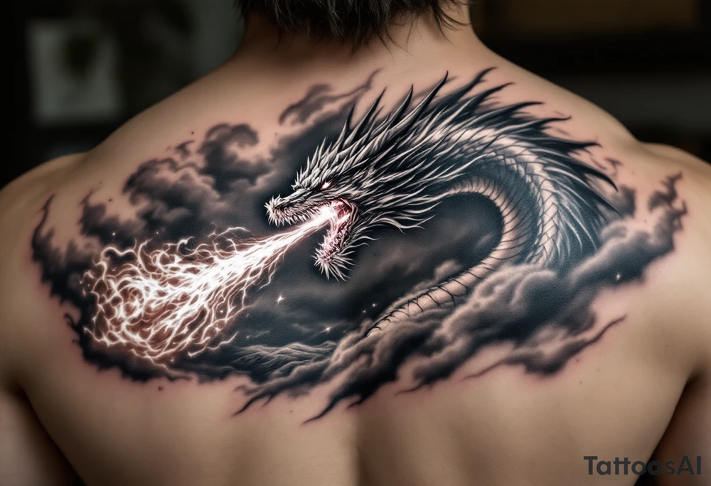 fierce dragon breathing iridescent fire against stormy skies tattoo idea